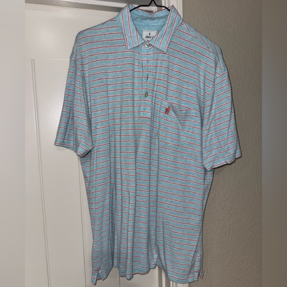 johnnie-O Hangin’ Out
Light Blue and Red/Pink Striped Polo Shirt
Size: Large - Picture 2 of 4